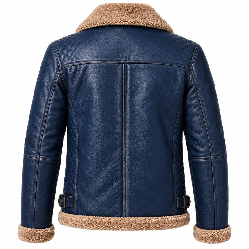 Back view of blue women's aviator jacket with faux fur hem