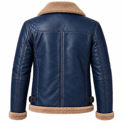 Back view of blue women's aviator jacket with faux fur hem