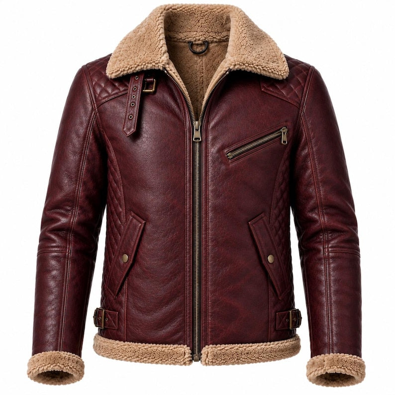 Burgundy women's leather aviator jacket with faux shearling collar