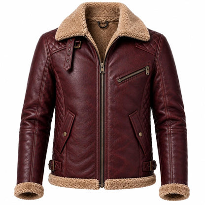 Burgundy women's leather aviator jacket with faux shearling collar