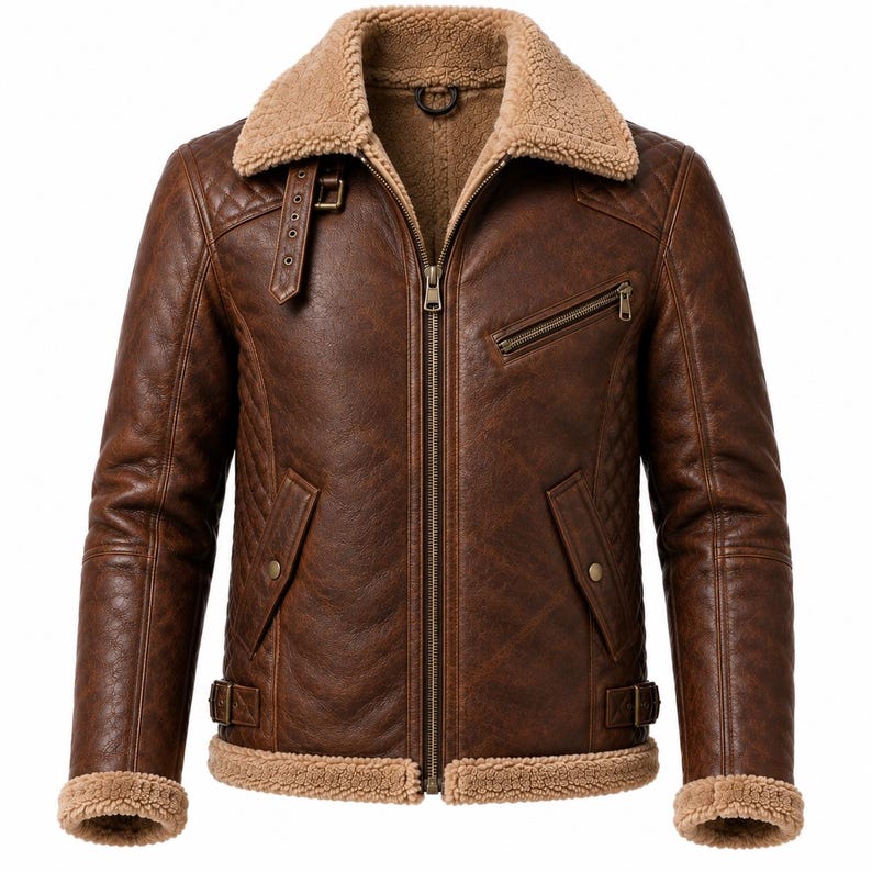 Women's brown leather aviator jacket with snap pockets and side buckle straps
