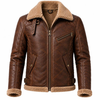 Women's brown leather aviator jacket with snap pockets and side buckle straps