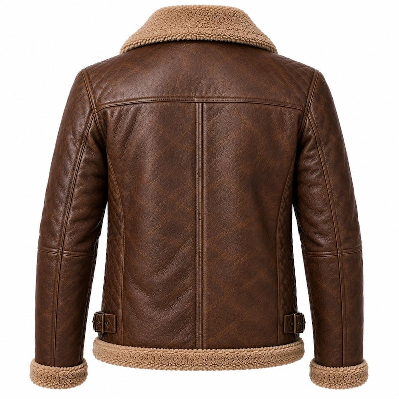 Back view of brown women's aviator jacket with faux fur collar and cuffs
