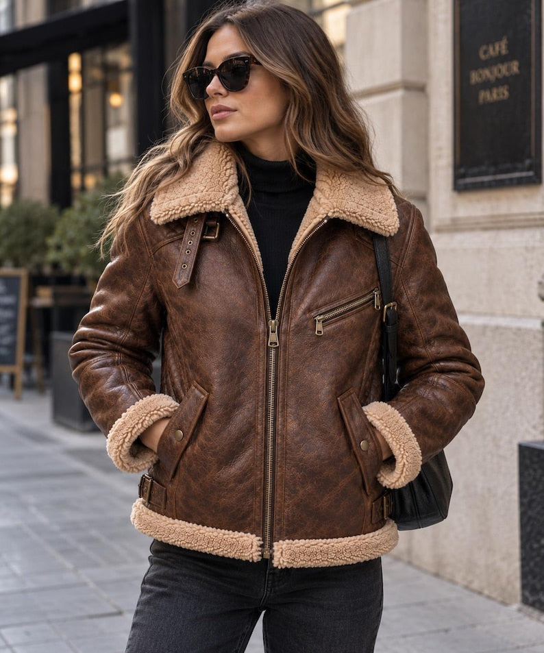 Brown sheep leather aviator jacket for women with faux shearling lining
