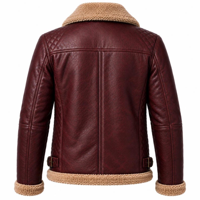Back view of burgundy women's aviator jacket with sherpa cuffs