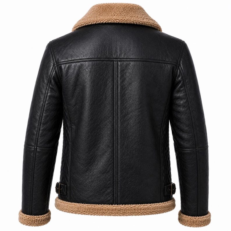 Back view of black women's aviator jacket with faux fur trim