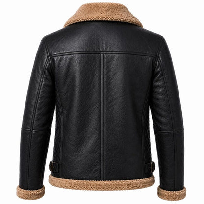 Back view of black women's aviator jacket with faux fur trim