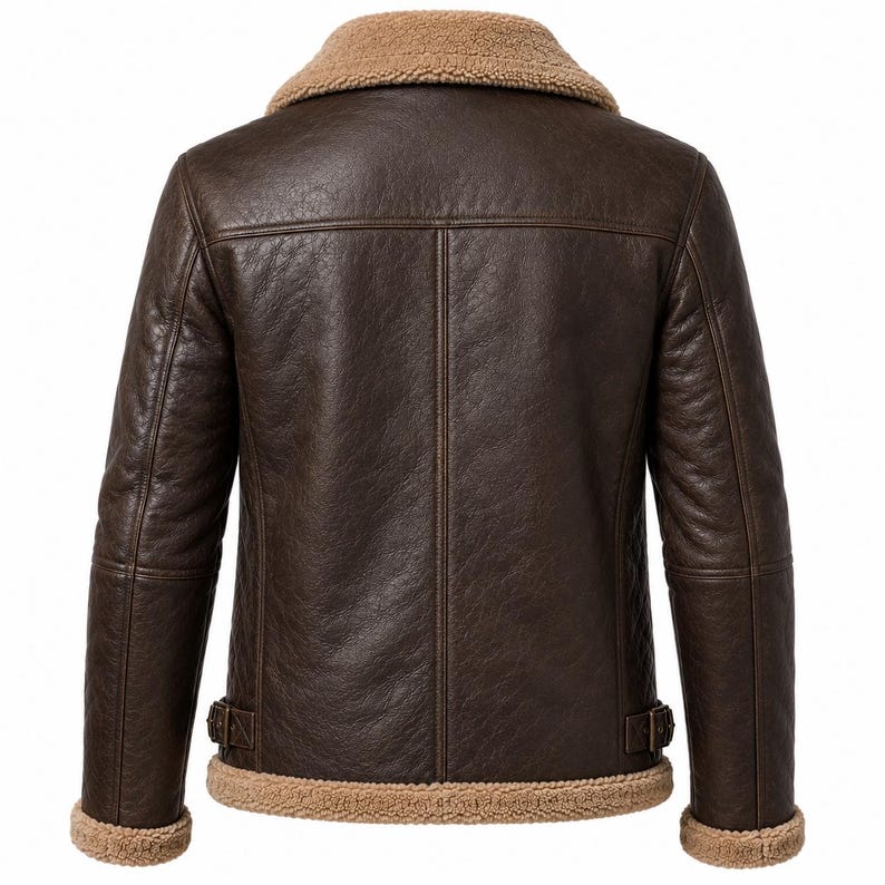 Back view of chocolate brown aviator jacket with adjustable side straps