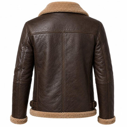 Back view of chocolate brown aviator jacket with adjustable side straps