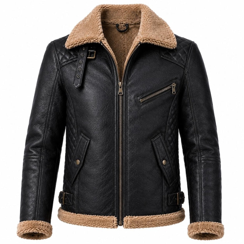Black women's sheepskin aviator jacket with tan faux fur collar