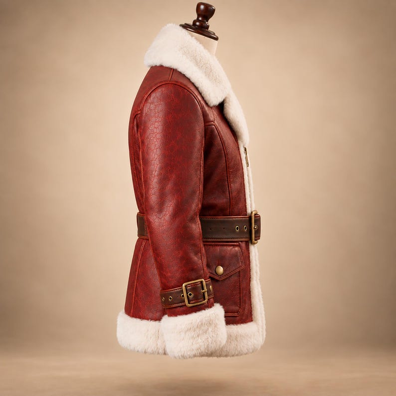 Gold-tone buckle and sleeve strap on red Christmas coat