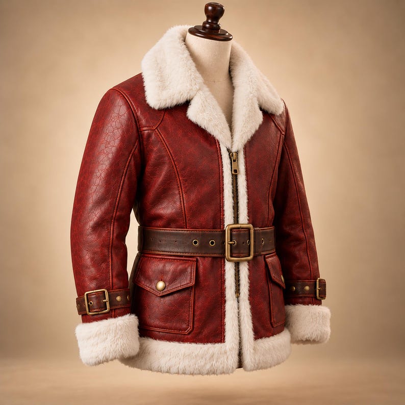 Zipper, snap flap pockets and belt on red leather Santa jacket