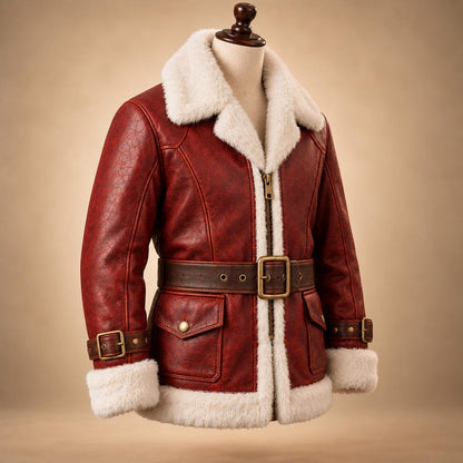 Zipper, snap flap pockets and belt on red leather Santa jacket