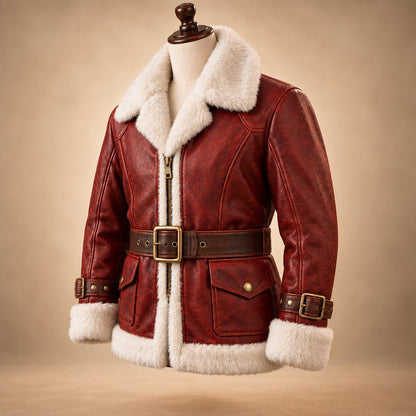 Front of Santa leather coat with flap pockets and cuff straps