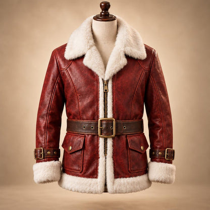 Men's red leather Santa Claus coat with white shearling-style collar and brown belt