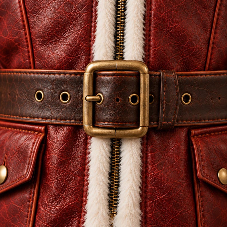 White fur trim beside zipper with brass buckle and snaps