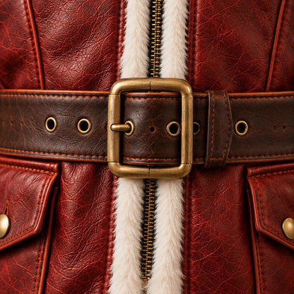 White fur trim beside zipper with brass buckle and snaps