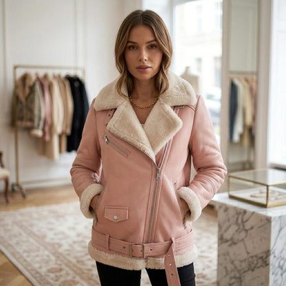 Blush pink winter moto coat with asymmetric zip and fur trim