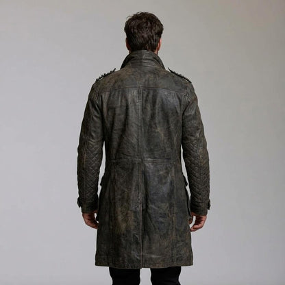 Long charcoal sheepskin leather trench coat back view with quilted sleeves and epaulets