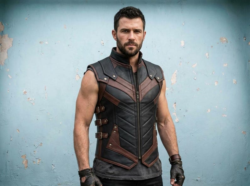 Man wearing black and brown tactical leather vest with front zipper