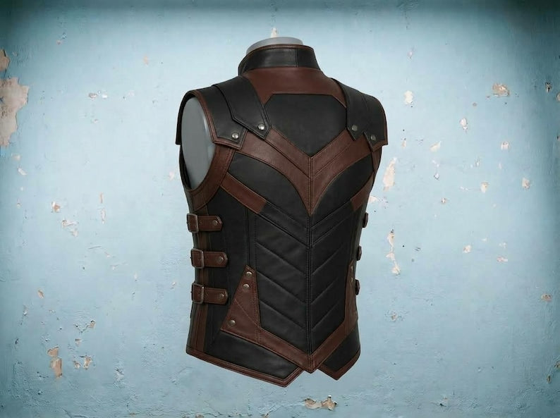 Back of men's leather armor vest with V-shaped paneling