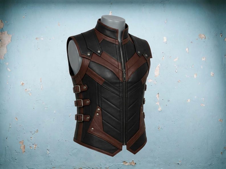 Men's black and brown leather armor vest with quilted chest panels