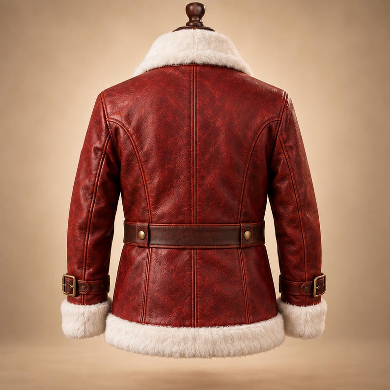 Red Santa coat on mannequin showing distressed finish and belt