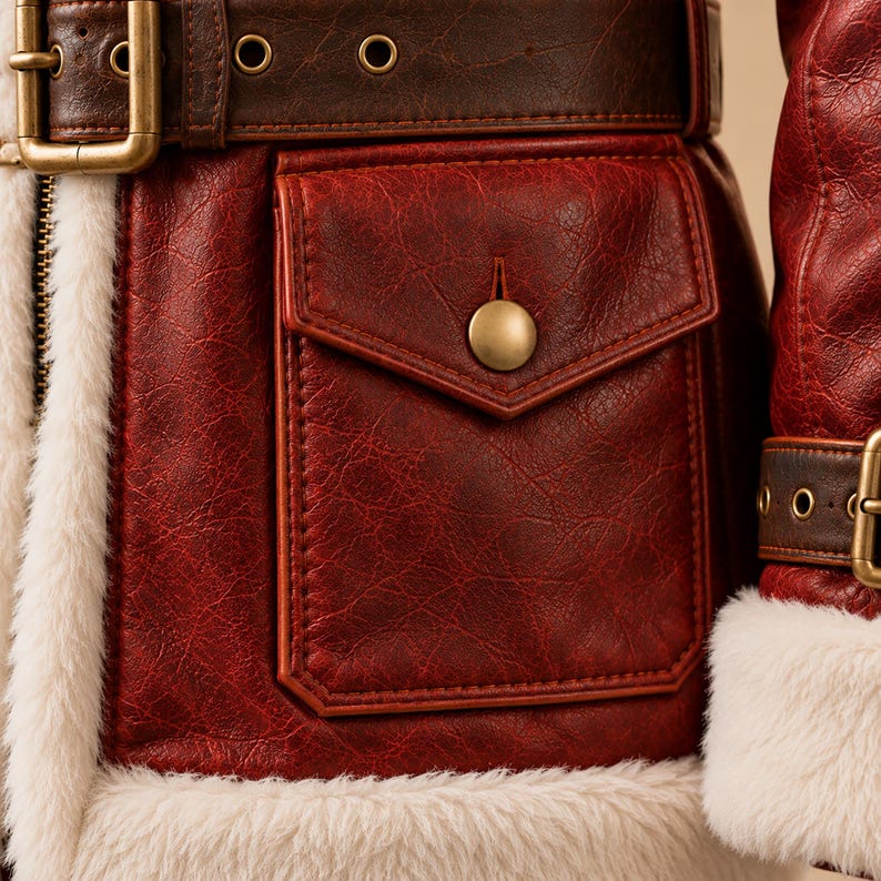 Flap pocket with brass button on red Santa leather coat