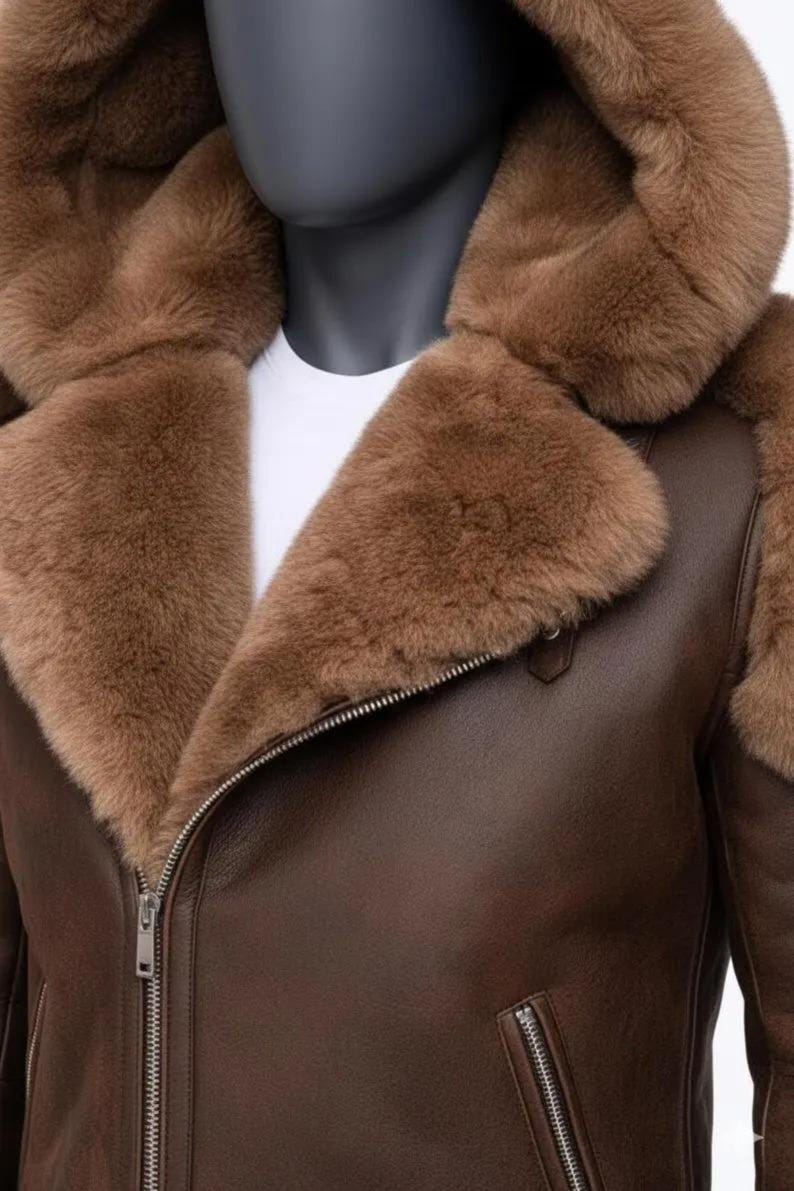 Men's winter leather jacket with plush shearling cuffs and zippered pockets
