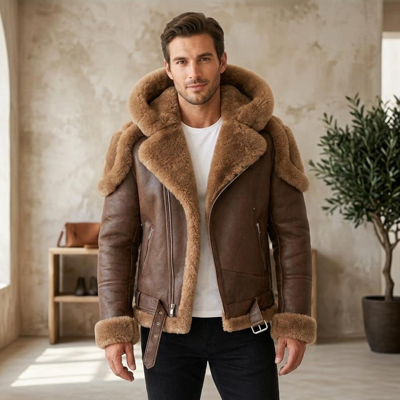 Men's hooded shearling leather jacket in brown with fur-lined hood