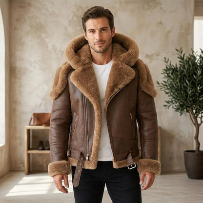 Men's hooded shearling leather jacket in brown with fur-lined hood