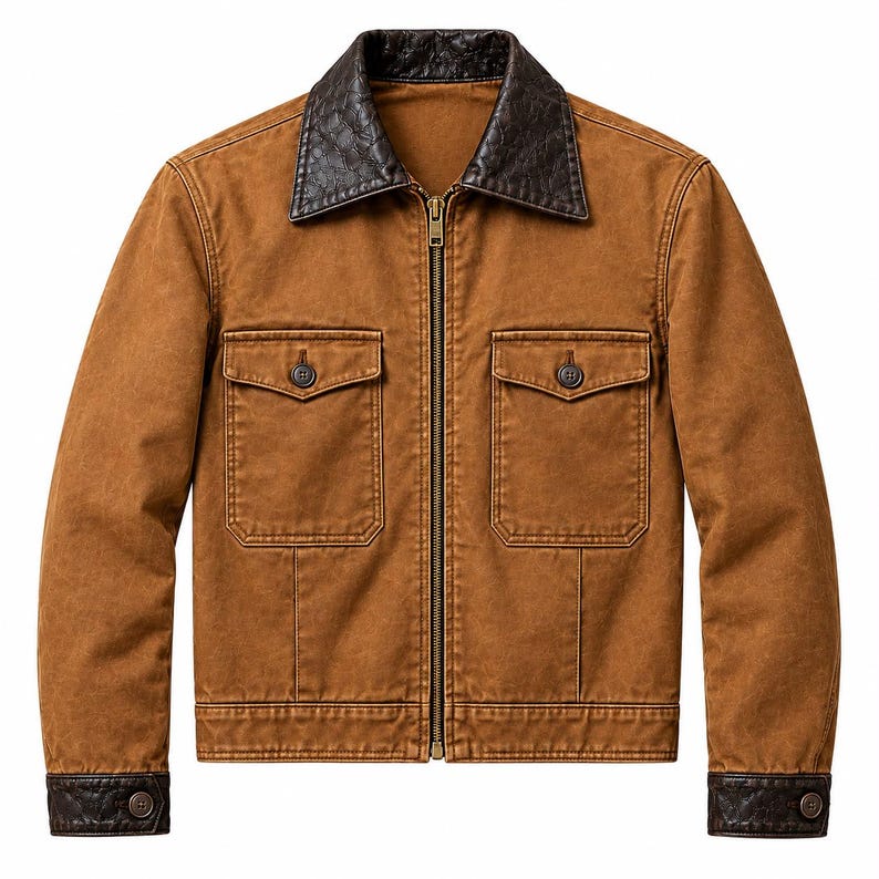 Two-tone brown and black leather trucker jacket with front zipper