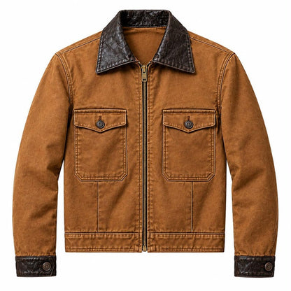 Two-tone brown and black leather trucker jacket with front zipper
