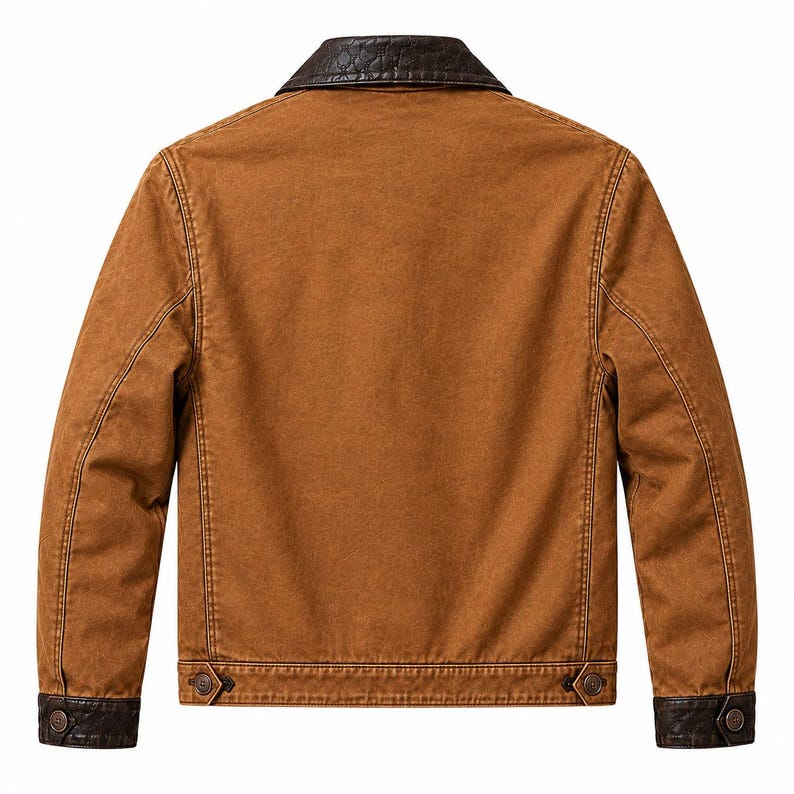 Men's brown leather utility jacket showing black buttoned cuffs