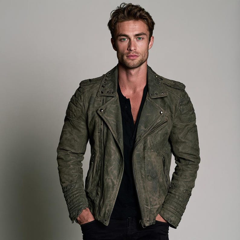 Men's olive green leather biker jacket in distressed sheepskin with studded lapels