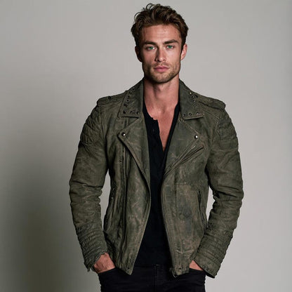 Men's olive green leather biker jacket in distressed sheepskin with studded lapels