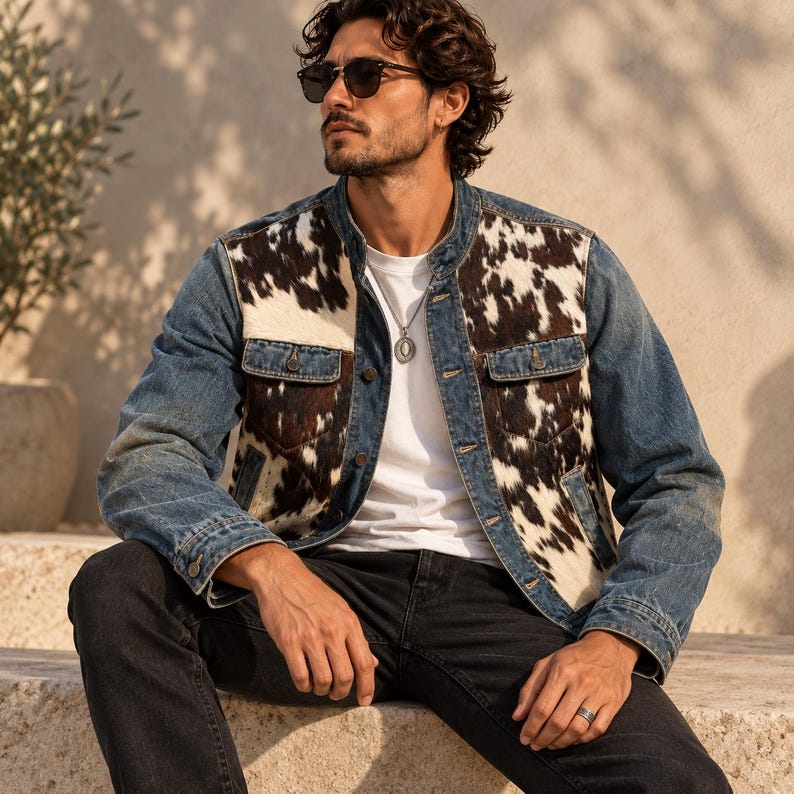 Men's hair-on cowhide jacket with blue denim sleeves and stand collar