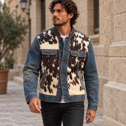 Dark brown and cream cowhide denim jacket showing chest flap pockets