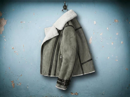 Side view of women's suede jacket with faux fur lining