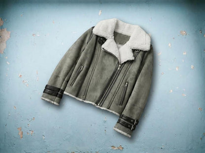 Faux fur lining inside women's gray suede biker jacket