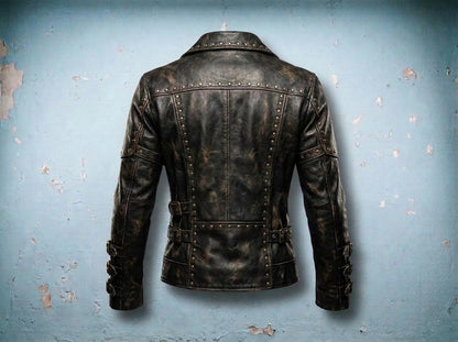 Back of men's steampunk leather jacket with studded yoke and waist buckles