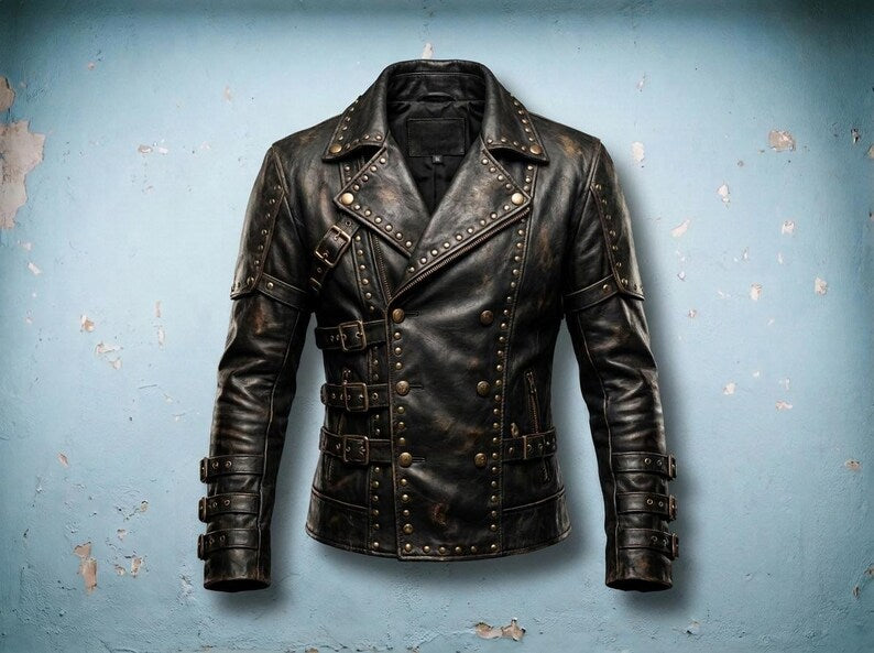 Men's studded black leather jacket with distressed finish and buckles