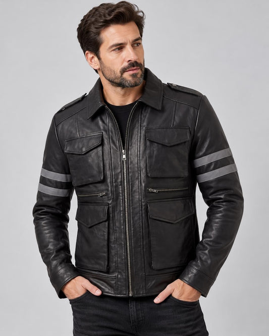 Leon Kennedy Resident Evil 6 inspired black leather biker jacket