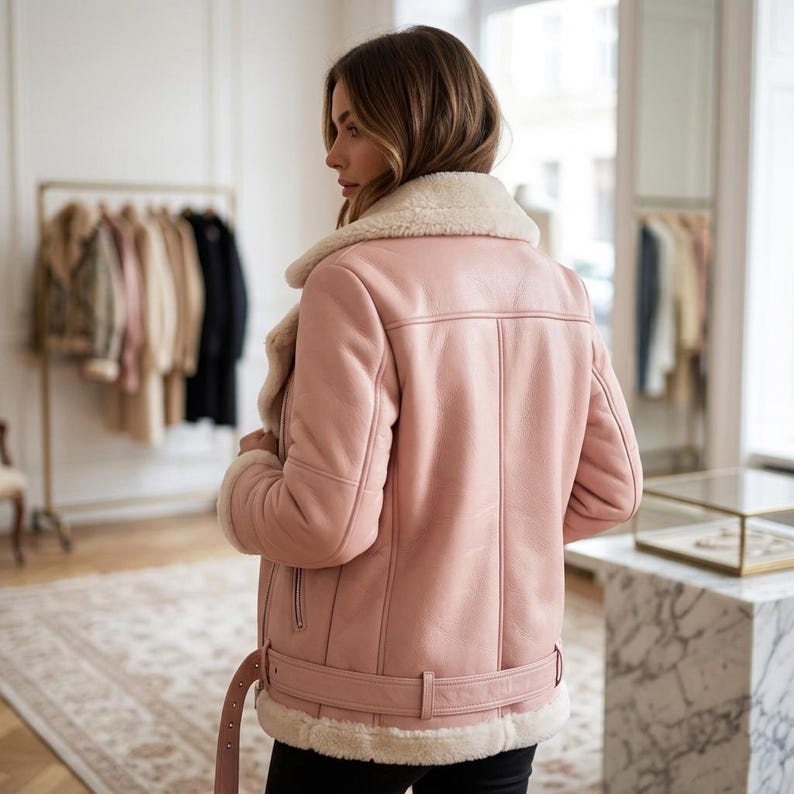 Pink shearling jacket with buckle cuffs and fur-trimmed hem