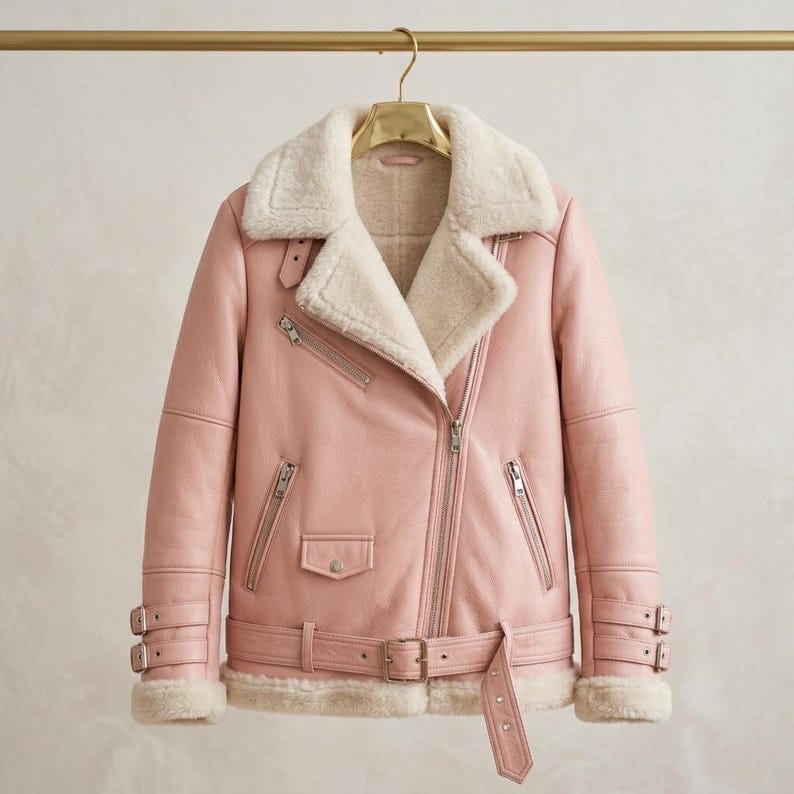 Pink leather biker jacket with oversized shearling collar and belt