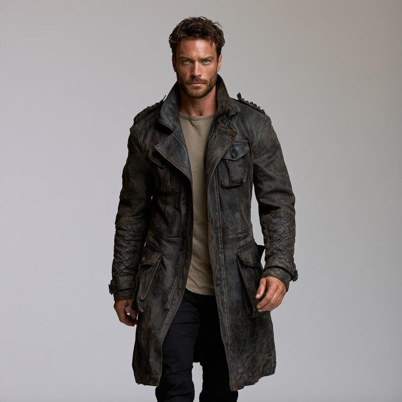 Men's distressed leather trench coat in charcoal sheepskin with high collar and flap pockets