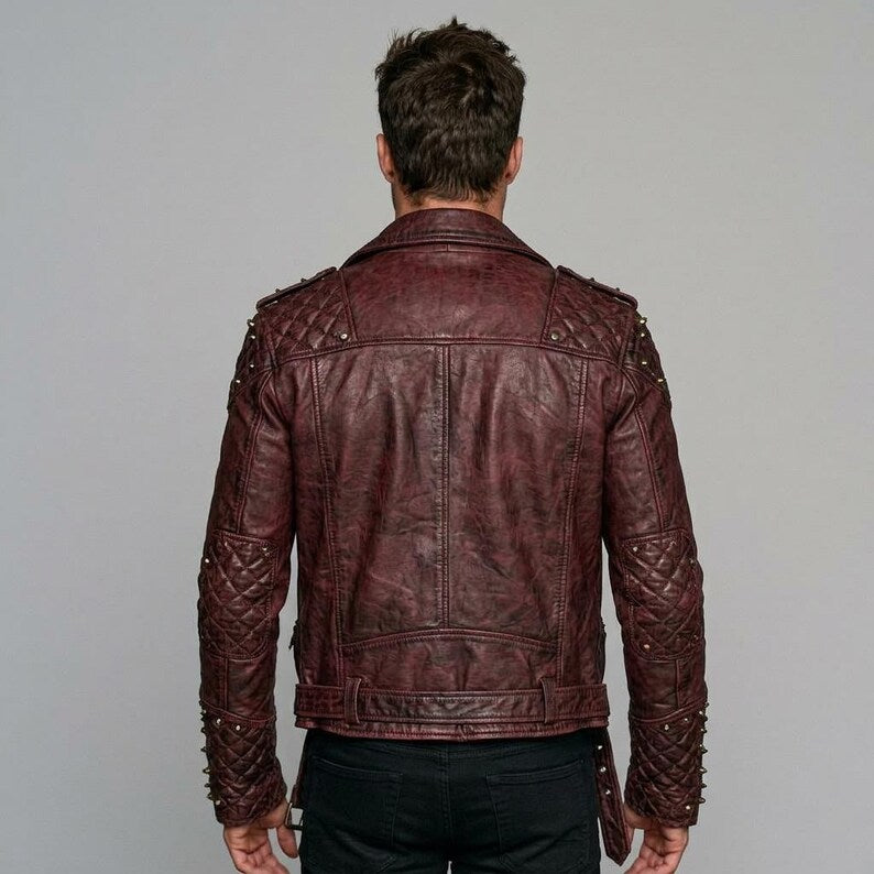Burgundy sheepskin biker jacket with diamond-quilted studded shoulders and sleeves