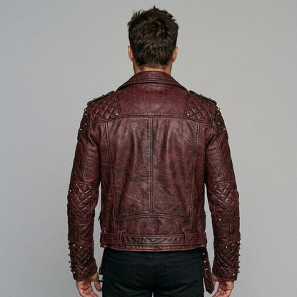 Burgundy sheepskin biker jacket with diamond-quilted studded shoulders and sleeves