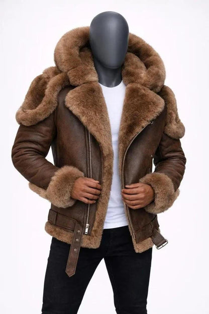 Brown leather shearling jacket for men with asymmetrical front zipper