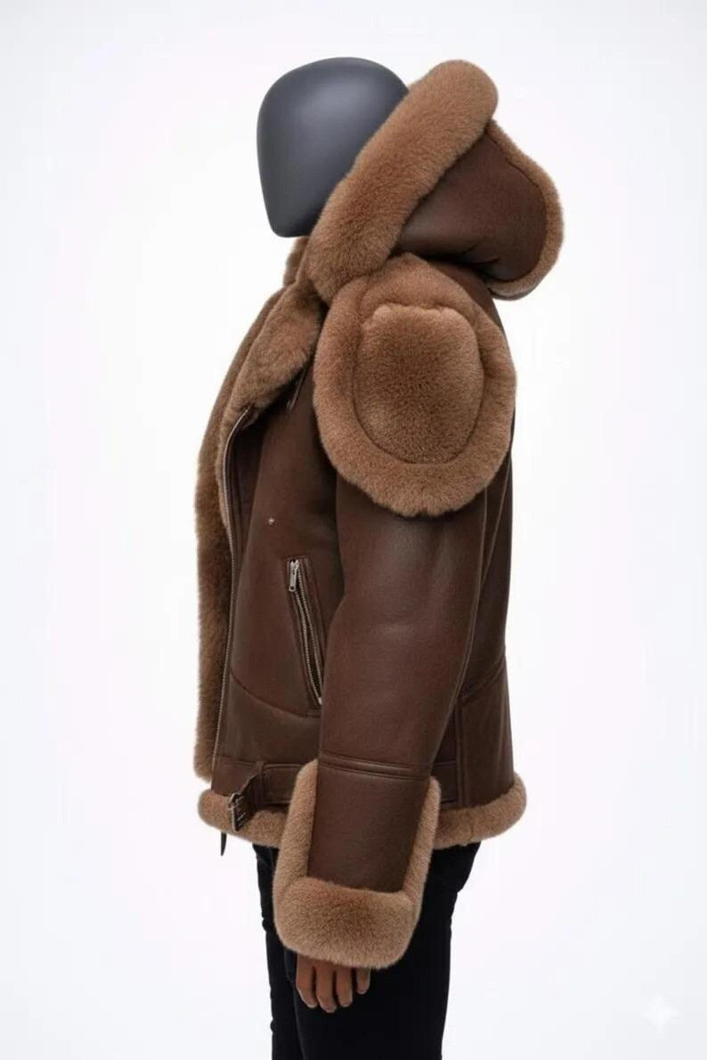 Men's belted shearling leather jacket with buckle waist strap